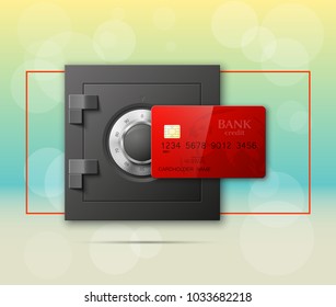 Credit card & Electronic lock picture. Bank door card & image combination lock front side banner. Plastic card & steel safe. Debit card & electromagnetic locking devices chip. Online payment banner