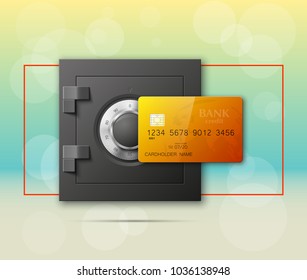 Credit card & Electronic lock picture. Bank door card & image combination lock front side banner. Plastic card & steel safe. Debit card & electromagnetic locking devices chip. Online payment banner