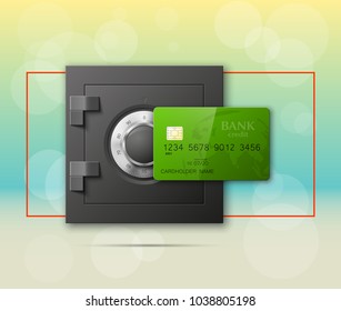 Credit card & Electronic lock picture. Bank door card & image combination lock front side banner. Plastic card & steel safe. Debit card & electromagnetic locking devices chip. Online payment banner