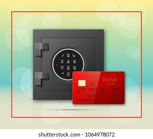 Credit card & Electronic lock picture. Bank door card & image combination lock front side banner. Plastic card & steel safe. Debit card & electromagnetic locking devices chip. Online payment banner