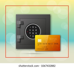 Credit card & Electronic lock picture. Bank door card & image combination lock front side banner. Plastic card & steel safe. Debit card & electromagnetic locking devices chip. Online payment banner