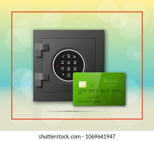 Credit card & Electronic lock picture. Bank door card & image combination lock front side banner.