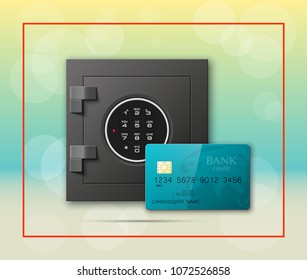 Credit card & Electronic lock picture. Bank door card & image combination lock front side banner. Plastic card & steel safe. Debit card & electromagnetic locking devices chip. Online payment banner