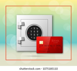 Credit card & Electronic lock picture. Bank door card & image combination lock front side banner. 