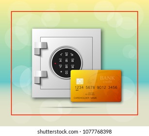 Credit card & Electronic lock picture. Bank door card & image combination lock front side banner. Plastic card & steel safe. Debit card & electromagnetic locking devices chip. Online payment banner