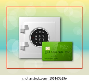 Credit card and Electronic lock picture. Bank door card abnd image combination lock front side banner. Plastic card & steel safe. Debit card & electromagnetic locking devices chip. Online payment banner