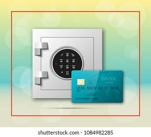 Credit card & Electronic lock picture. Bank door card & image combination lock front side banner. Plastic card & steel safe. Debit card & electromagnetic locking devices chip. Online payment banner