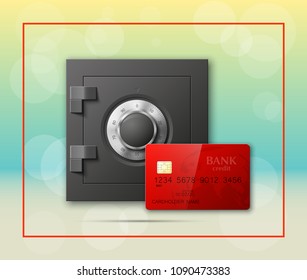 Credit card & Electronic lock picture. Bank door card & image combination lock front side banner. Plastic card & steel safe. Debit card & electromagnetic locking devices chip. Online payment banner