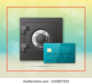 Credit card & Electronic lock picture. Bank door card & image combination lock front side banner. Plastic card & steel safe. Debit card & electromagnetic locking devices chip. Online payment banner