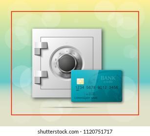 Credit card & Electronic lock picture. Bank door card & image combination lock front side banner. Plastic card & steel safe. Debit card & electromagnetic locking devices chip. Online payment banner