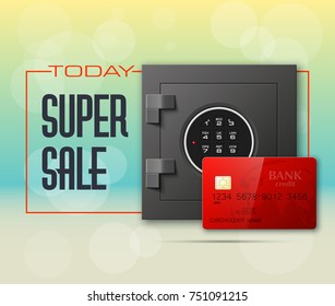 Credit card & Electronic lock picture. Bank door card & image combination lock front side banner. Plastic card & steel safe. Debit card & electromagnetic locking devices chip. Online payment banner