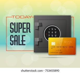 Credit card & Electronic lock picture. Bank door card & image combination lock front side banner. Plastic card & steel safe. Debit card & electromagnetic locking devices chip. Online payment banner