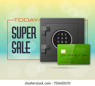 Credit card & Electronic lock picture. Bank door card & image combination lock front side banner. Plastic card & steel safe. Debit card & electromagnetic locking devices chip. Online payment banner