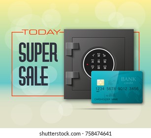 Credit card & Electronic lock picture. Bank door card & image combination lock front side banner. Plastic card & steel safe. Debit card & electromagnetic locking devices chip. Online payment banner
