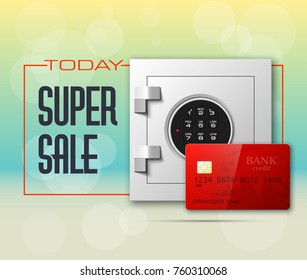 Credit card & Electronic lock picture. Bank door card & image combination lock front side banner. Plastic card & steel safe. Debit card & electromagnetic locking devices chip. Online payment banner