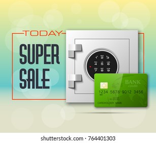 Credit card & Electronic lock picture. Bank door card & image combination lock front side banner. Plastic card & steel safe. Debit card & electromagnetic locking devices chip. Online payment banner