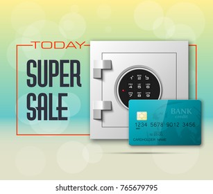 Credit card & Electronic lock picture. Bank door card & image combination lock front side banner. Plastic card & steel safe. Debit card & electromagnetic locking devices chip. Online payment banner