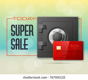 Credit card & Electronic lock picture. Bank door card & image combination lock front side banner. Plastic card & steel safe. Debit card & electromagnetic locking devices chip. Online payment banner