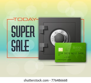 Credit card & Electronic lock picture. Bank door card & image combination lock front side banner. Plastic card & steel safe. Debit card & electromagnetic locking devices chip. Online payment banner