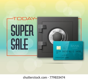 Credit card & Electronic lock picture. Bank door card & image combination lock front side banner. Plastic card & steel safe. Debit card & electromagnetic locking devices chip. Online payment banner