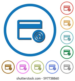 Credit card email notifications flat color vector icons with shadows in round outlines on white background