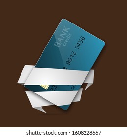 Credit card in empty stripe banner. Banking blank band icon. Finans tape icon. Plastic card software ribbon badge. Debit card with electromagnetic chip paper. Privacy Electronic money funds transfer.