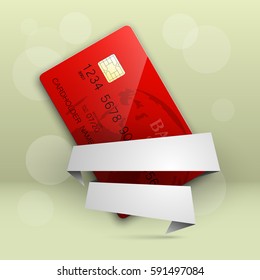 Credit card in empty stripe banner. Banking blank band icon. Finans tape icon. Plastic card software ribbon badge. Debit card with electromagnetic chip paper. Privacy Electronic money funds transfer.