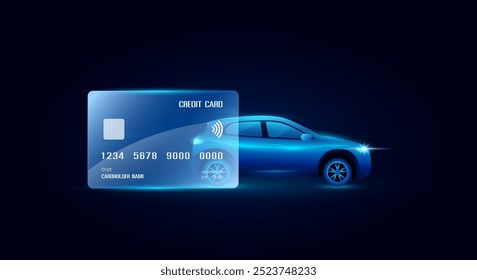 Credit card and EV car. Electric vehicle alternative clean energy future to automotive industry. Environment energy technology. Banner vector EPS10.