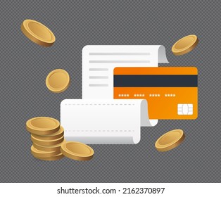 credit card and expense statement illustration set. 3d gold coin, payment, bill, paper. Vector drawing. Hand drawn style.