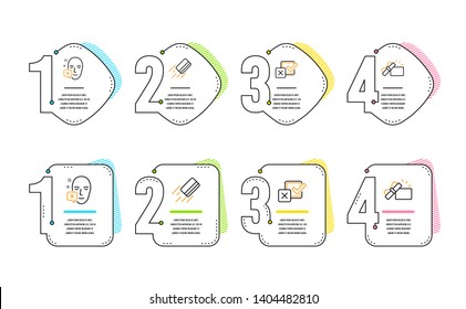 Credit card, Face declined and Checkbox icons simple set. Opened gift sign. Bank payment, Identification error, Survey choice. Present box. Business set. Infographic timeline. Line credit card icon