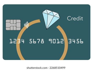 A credit card features a diamond engagement ring in the card design in this vector illustration about wedding expenses charged to credit cards.