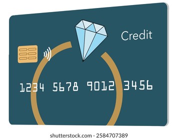 A credit card features a diamond engagment ring in the card design in this illustration about wedding expenses charged to credit cards.