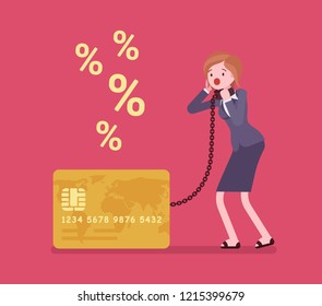 Credit card, female cardholder percentage rate problem. Woman frustrated with heaviest card debt burden, consumer in difficult financial situation unable to pay. Vector flat style cartoon illustration