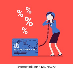 Credit card, female cardholder percentage rate problem. Woman frustrated with heaviest card debt burden, consumer, difficult financial situation unable to pay. Vector illustration, faceless characters