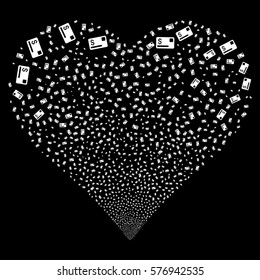 Credit Card fireworks with heart shape. Vector illustration style is flat white iconic symbols on a black background. Object heart organized from confetti symbols.