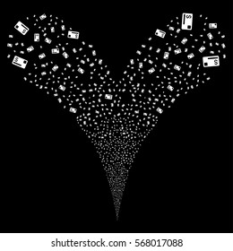 Credit Card fireworks stream. Vector illustration style is flat white iconic symbols on a black background. Object double fountain combined from random symbols.