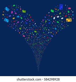 Credit Card fireworks stream. Vector illustration style is flat bright multicolored iconic symbols on a blue background. Object double fountain constructed from random pictograms.