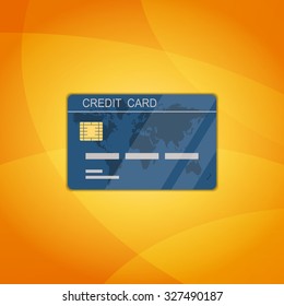 Credit Card in flat icon design and orange curve line pattern background (vector)