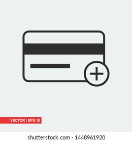 Credit card flat icon with plus on white background, vector illustration