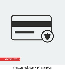 Credit card flat icon with shield on white background, vector illustration