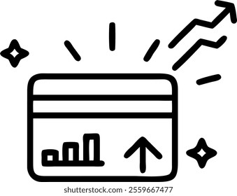 Credit card floating over white background with holographic arrows and graph icons concept as A close up shot of a credit card levitating over a clean white background. Two glowing holographic icons�u