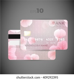 credit card flower design. Modern vector editable credit card designtemplate. New transparent floral patternfor credit card, illustration eps10. Plastic card design with spring flofer petals