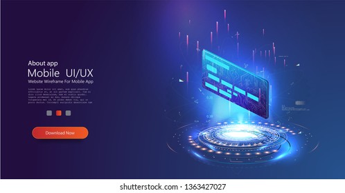 Credit card in the form of a hologram on a blue futuristic background. Can use for web banner, infographics. Flat isometric vector illustration isolated. Business, financial illustration concept.