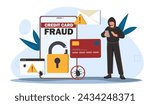 Credit card fraud concept. Man in black hoodie stealing money. Hacker with personal information and data. Crime on internet. Cartoon flat vector illustration isolated on white background