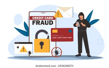 Concepto de fraude de tarjeta de crédito. Hombre con capucha negra robando dinero. Hacker con información y datos personales. Crimen en internet. Ilustración plana del vector de la historieta aislada sobre fondo blanco