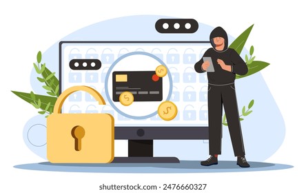 Concepto de fraude de tarjeta de crédito. Hombre en uniforme negro cerca de la pantalla del ordenador. Robo de datos personales e información. Ataque de hacker de Internet. Ilustración vectorial plana de dibujos animados aislada sobre fondo blanco