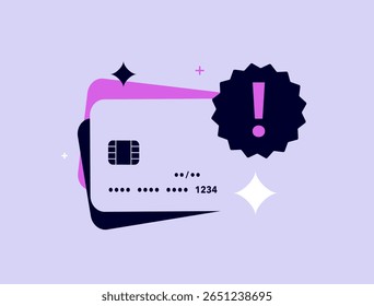 Credit card fraud warning icon with exclamation mark and chip card, illustrating payment security, transaction alert. Card scam detection and digital finance risk. Flat design vector illustration