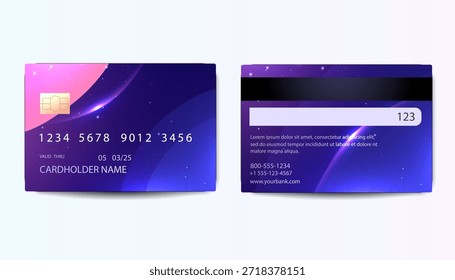 Credit card front and back displaying a vibrant space galaxy design, representing modern digital financial transactions, online payment security, and banking technology. Vector