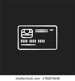 Credit card front chalk white icon on black background. Online payment. Deposit card with chip. Internet shopping. Cashless money transfer. Banking service. Isolated vector chalkboard illustration