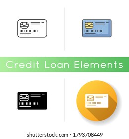Credit card front icon. Online payment. Deposit card with chip. Internet shopping. Contactless payment. Banking service. Linear black and RGB color styles. Isolated vector illustrations